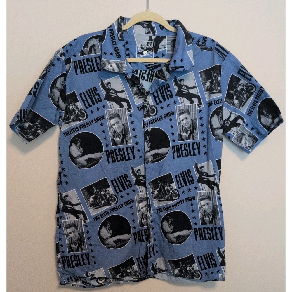 ELVIS PRESLEY SHOW Shirt HAWAIIAN Size L Cotton BLUE **Pre-Owned**